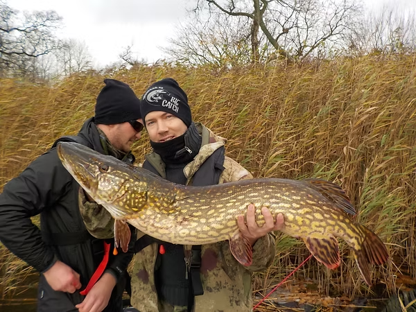 Example of a posing picture: one angler holding a big pike for the camera